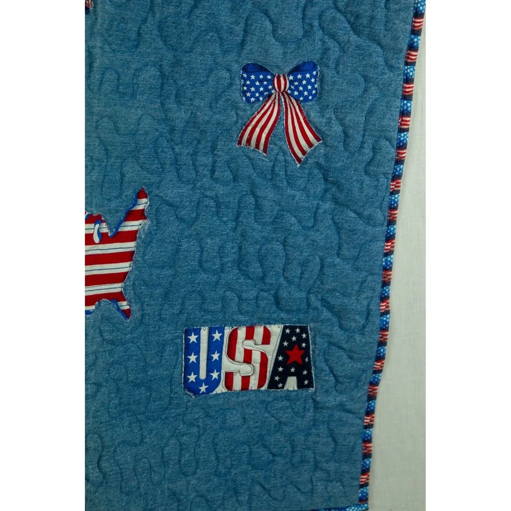 Handmade Patriotic Denim Quilt Americana USA Stars Kids Throw Applique 34 x 41